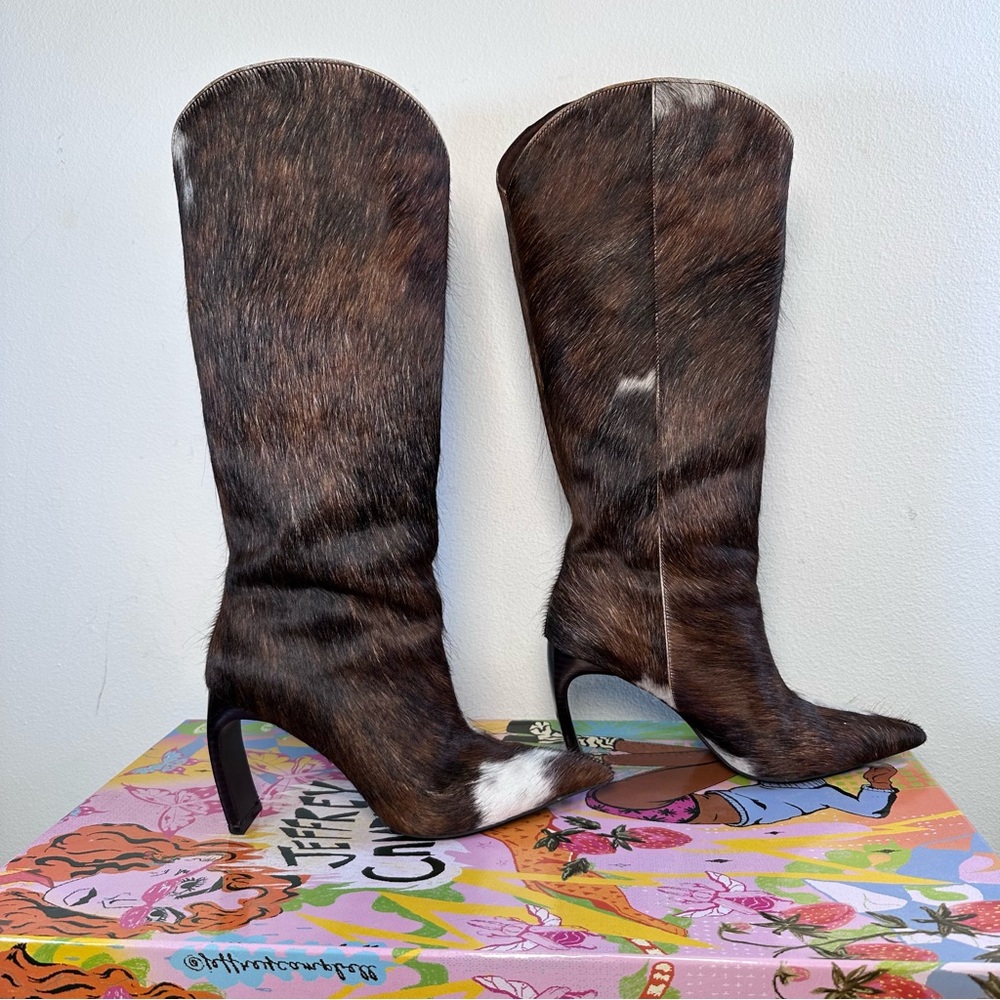 Jeffrey Campbell Pinpoint Boots in Tan White Cow fur hide knee high heel